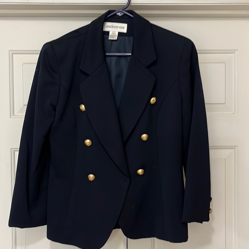Navy blue womens blazer, wool.